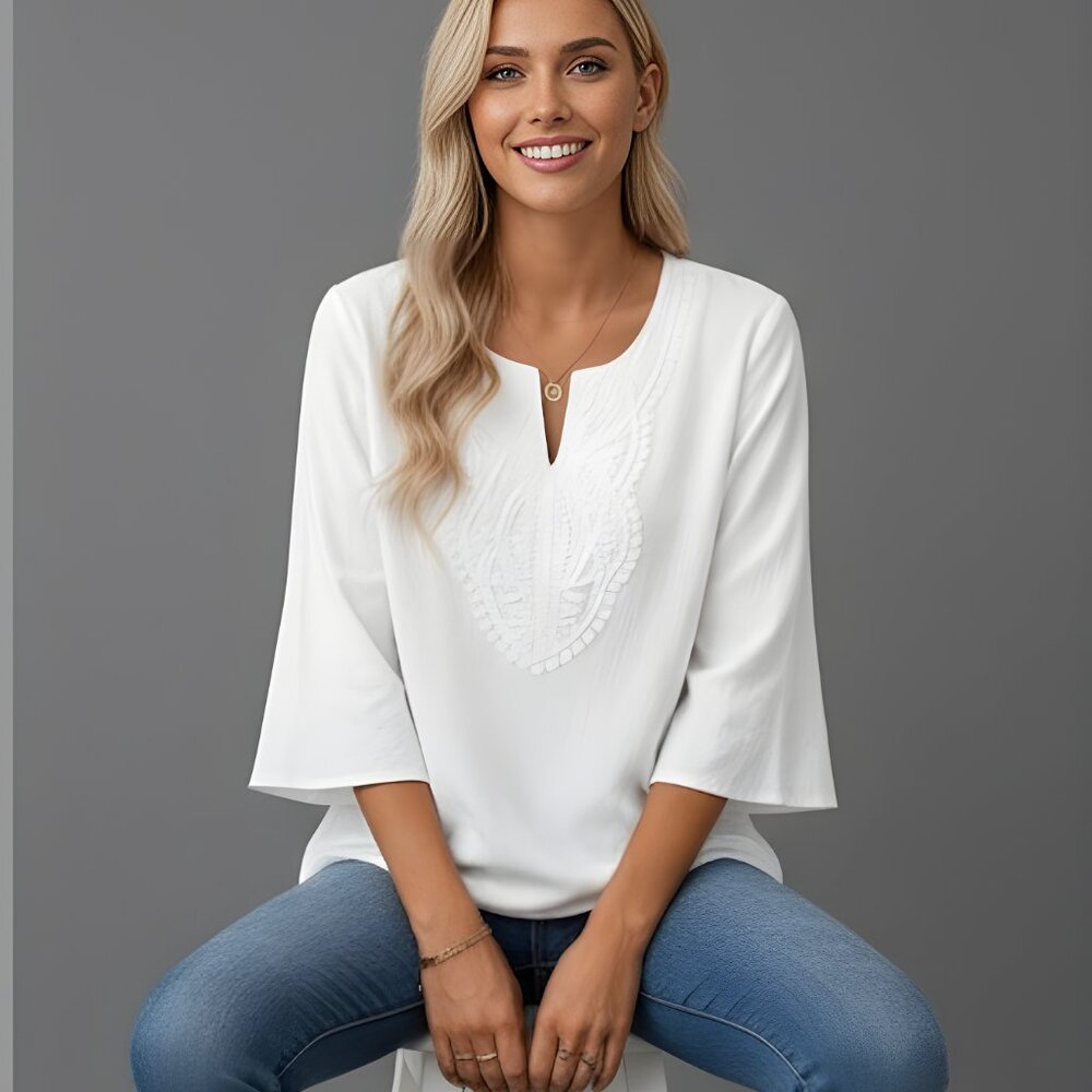 Contrast Lace V-Neck 3/4 Sleeve Cotton Blouse White